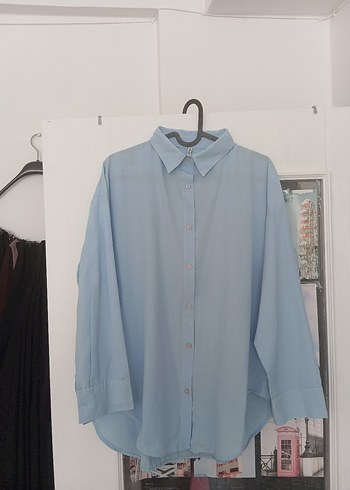 Mavi pamuklu Düğmeli Uzun Kollu Gömlek - Görsel 6