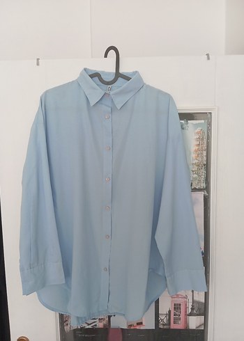 Mavi pamuklu Düğmeli Uzun Kollu Gömlek - Görsel 5