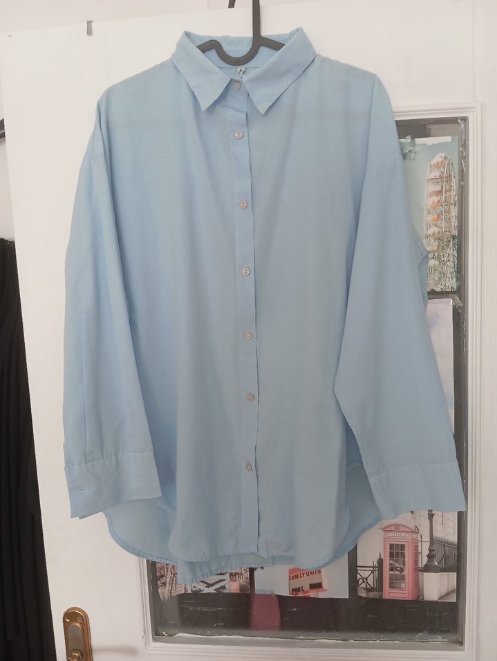 Mavi pamuklu Düğmeli Uzun Kollu Gömlek - Görsel 3