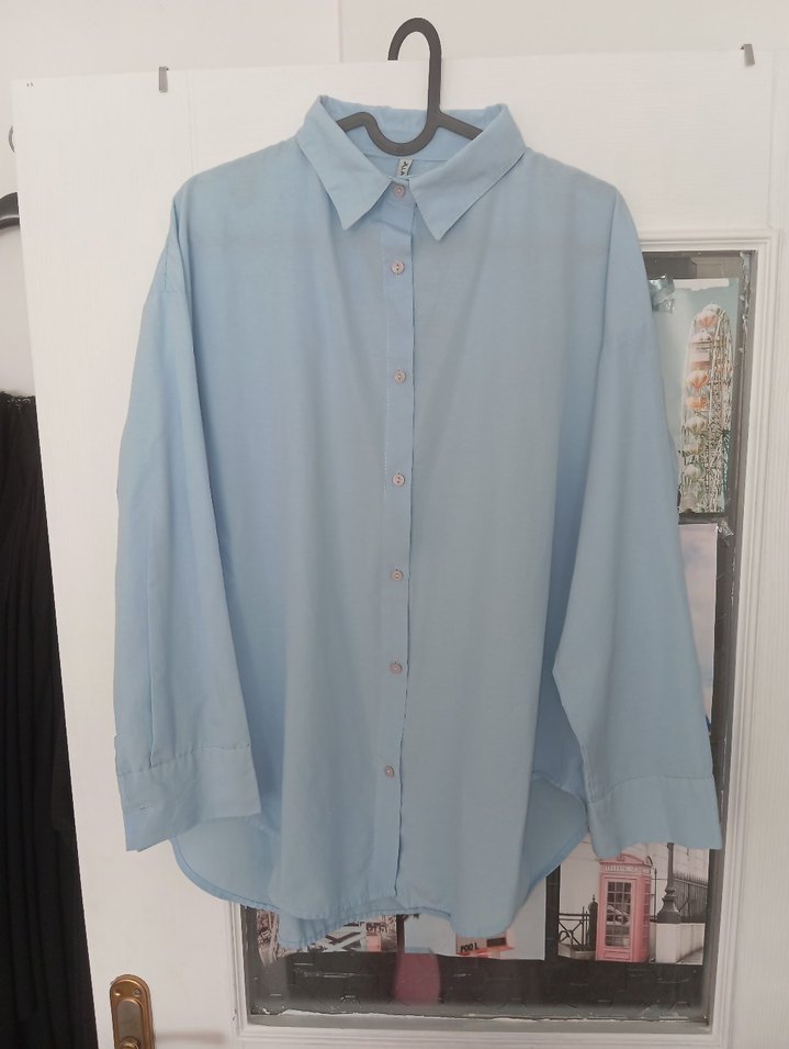 Mavi pamuklu Düğmeli Uzun Kollu Gömlek - Görsel 4
