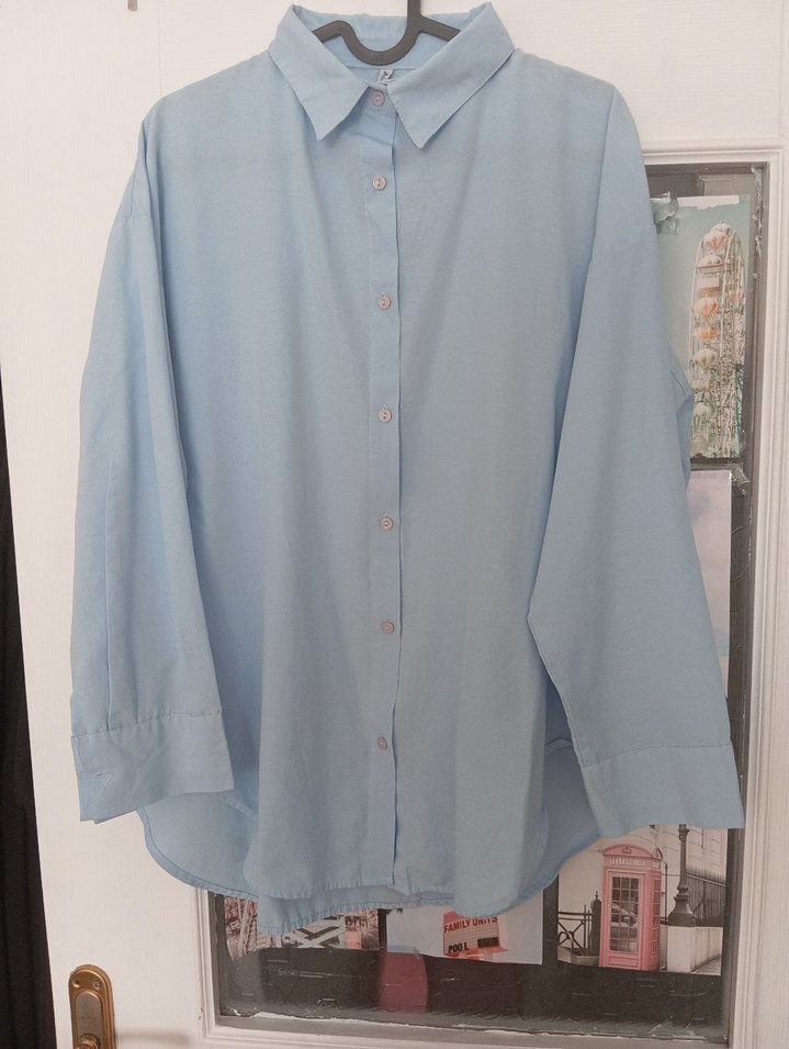 Mavi pamuklu Düğmeli Uzun Kollu Gömlek - Görsel 2