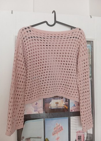 Pembe Örgü Kadın Triko Kazak - Görsel 3
