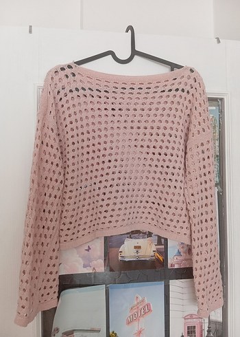 Pembe Örgü Kadın Triko Kazak - Görsel 2