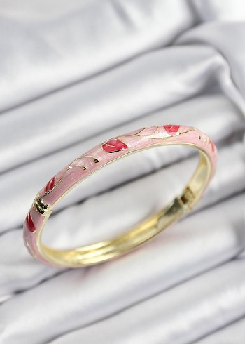 Mineli Kırmızı ve Pembe Yaprak Motifli Gold Renk Kadın Kelepçe