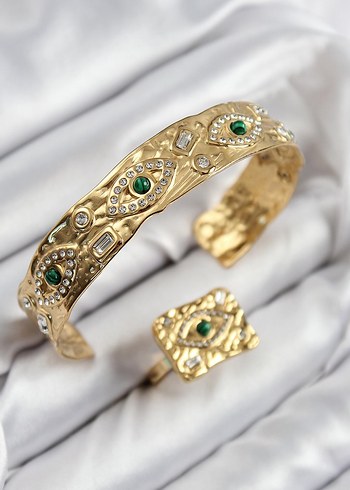 Pirinç Zirkon Taşlı Göz Model Gold Renk Bileklik Yüzük Set