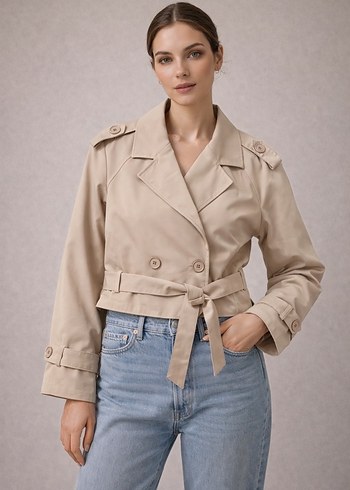 Bej Kemerli Mini Trençkot - Görsel 2