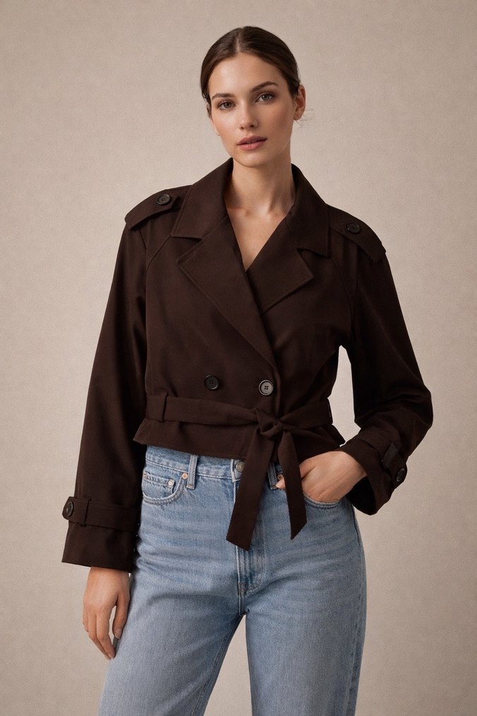 Kahverengi Deri Kemerli Kadın Trençkot - Görsel 2