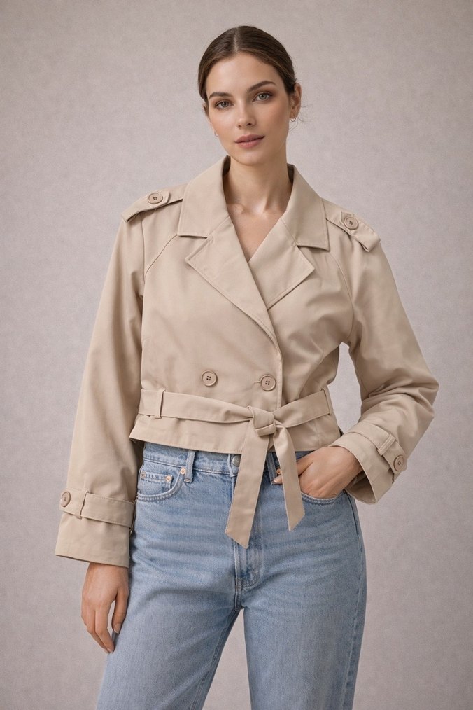 Bej Kemerli Kısa Kadın Trençkot - Görsel 2
