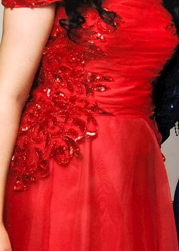 Kırmızı İşlemeli Uzun Abiye Elbise - Görsel 3