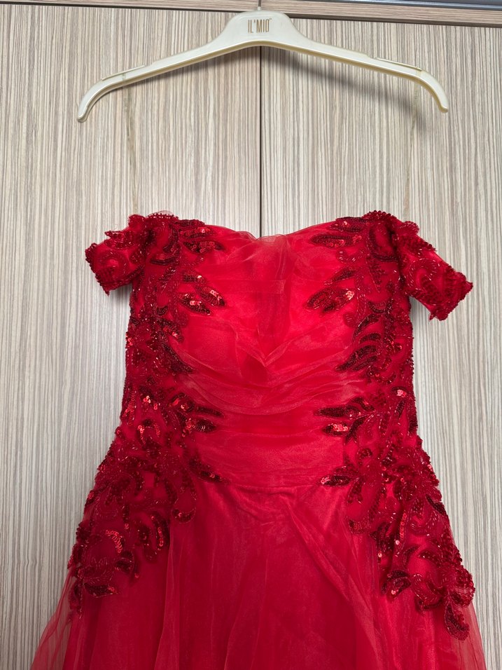 Kırmızı İşlemeli Uzun Abiye Elbise - Görsel 2