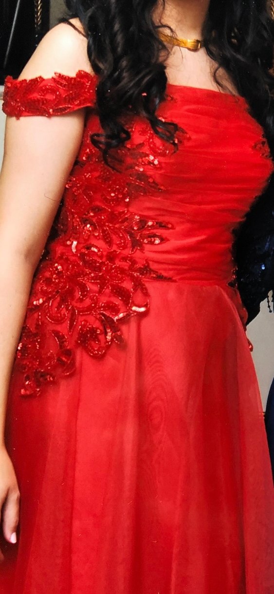 Kırmızı İşlemeli Uzun Abiye Elbise - Görsel 3