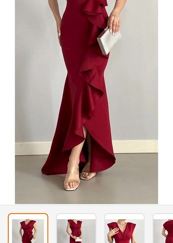 Bordo Drapeli Uzun Abiye Elbise