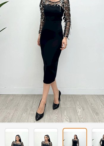 s Beden Dantelli Uzun Kollu Siyah Fitted Elbise