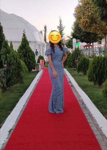 s Beden Dantel Detaylı Straplez Mavi Uzun Abiye Elbise