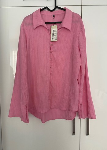 Pembe Keten V Yaka Düğmeli Kadın Gömlek