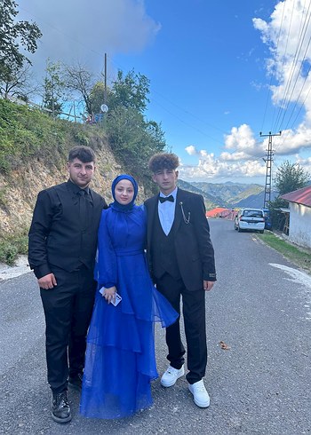 Abiye Mavi Uzun Kollu Drapeli Kadın Elbise