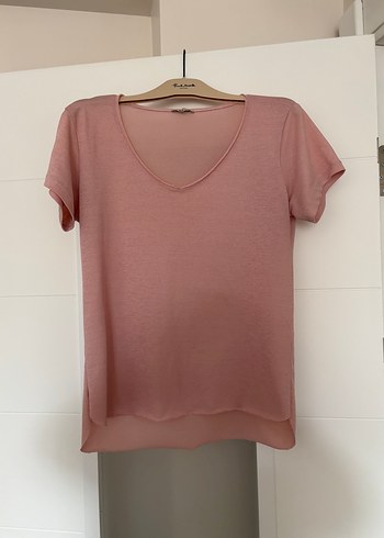 Pudra Pembe V Yakalı Kısa Kollu Tişört