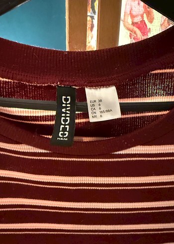 H&m Bordo Çizgili Kısa Kollu Mini Elbise - Görsel 3