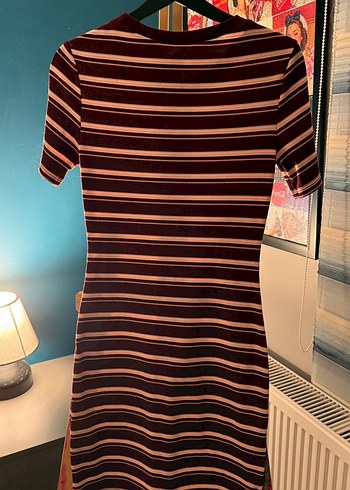 H&m Bordo Çizgili Kısa Kollu Mini Elbise - Görsel 2