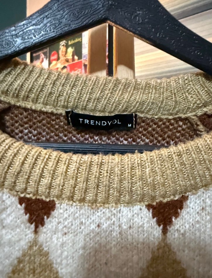 Trendyolmilla Kahverengi Ekose Örgü Kadın Kazak - Görsel 3