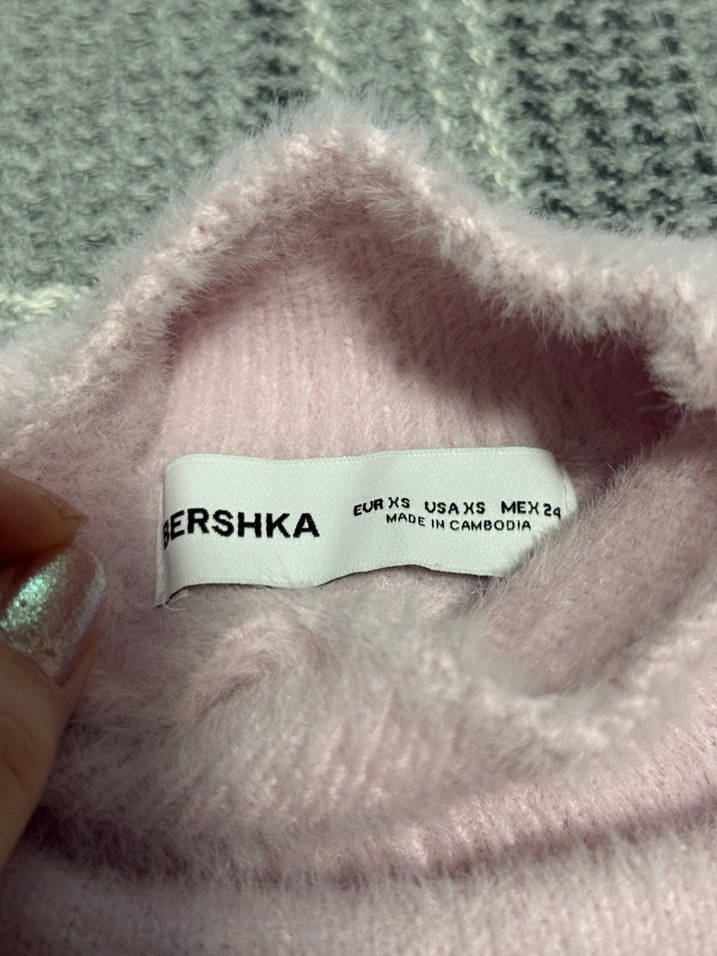 Bershka Toz Pembe Boğazlı Triko Crop Kadın Kazak - Görsel 2