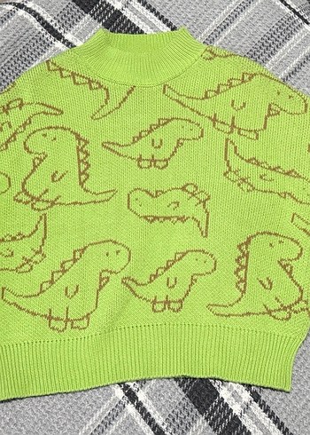 Nakışlı Yeşil Dinazorlu Örgü Kadın Kazak - Görsel 2