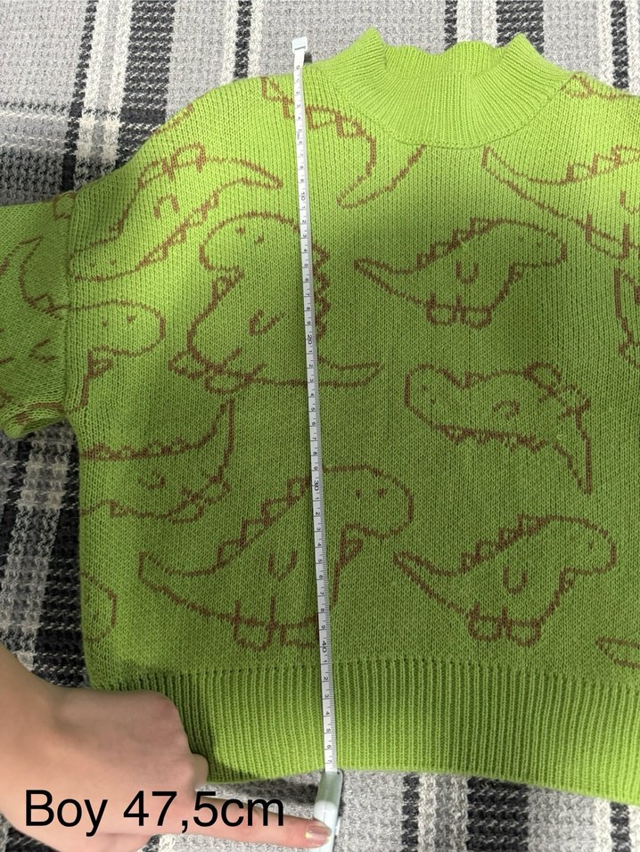 Nakışlı Yeşil Dinazorlu Örgü Kadın Kazak - Görsel 3