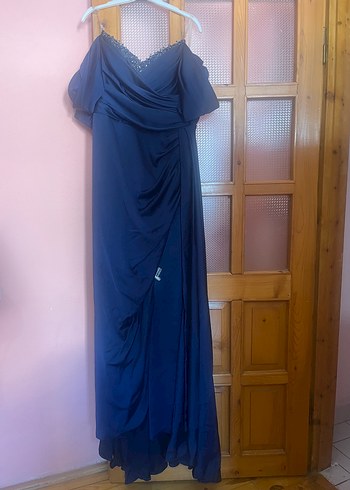 Lacivert Drapeli Uzun Askılı Kadın Elbise - Görsel 2