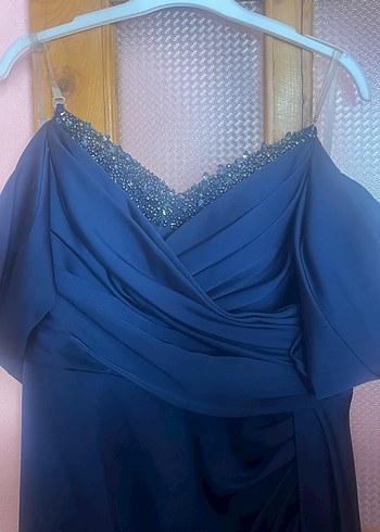 Lacivert Drapeli Uzun Askılı Kadın Elbise - Görsel 4