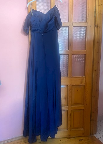 Lacivert Drapeli Uzun Askılı Kadın Elbise - Görsel 3