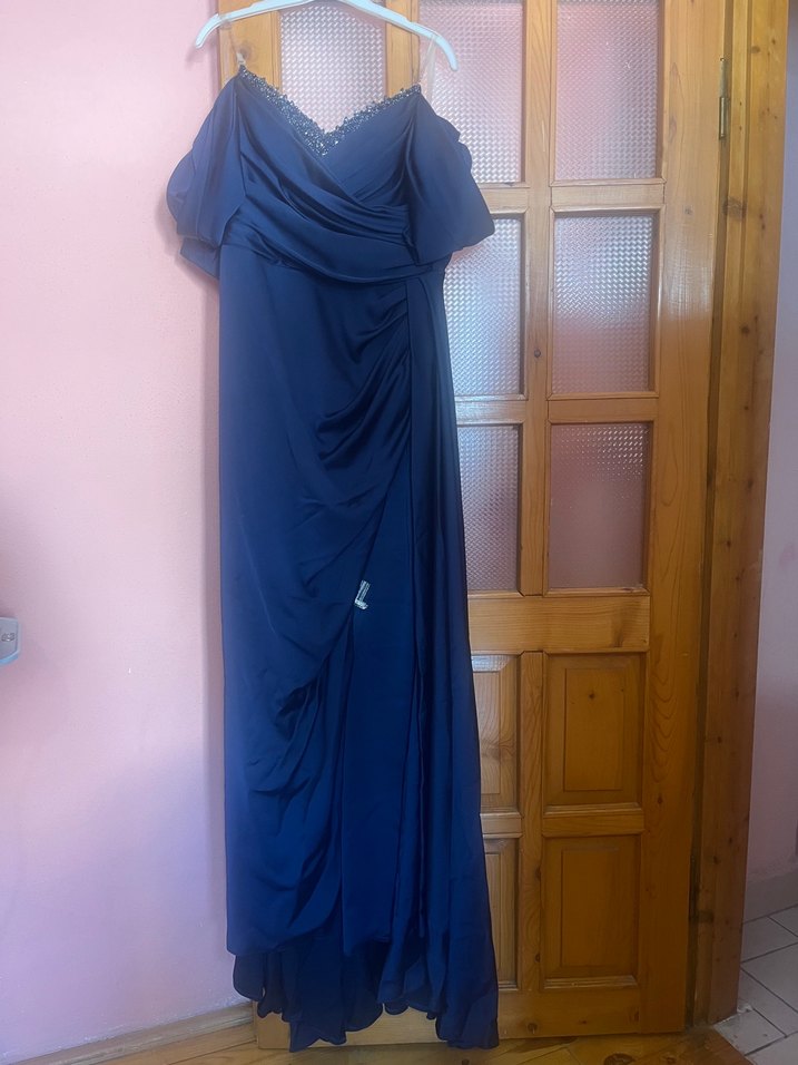 Lacivert Drapeli Uzun Askılı Kadın Elbise - Görsel 2