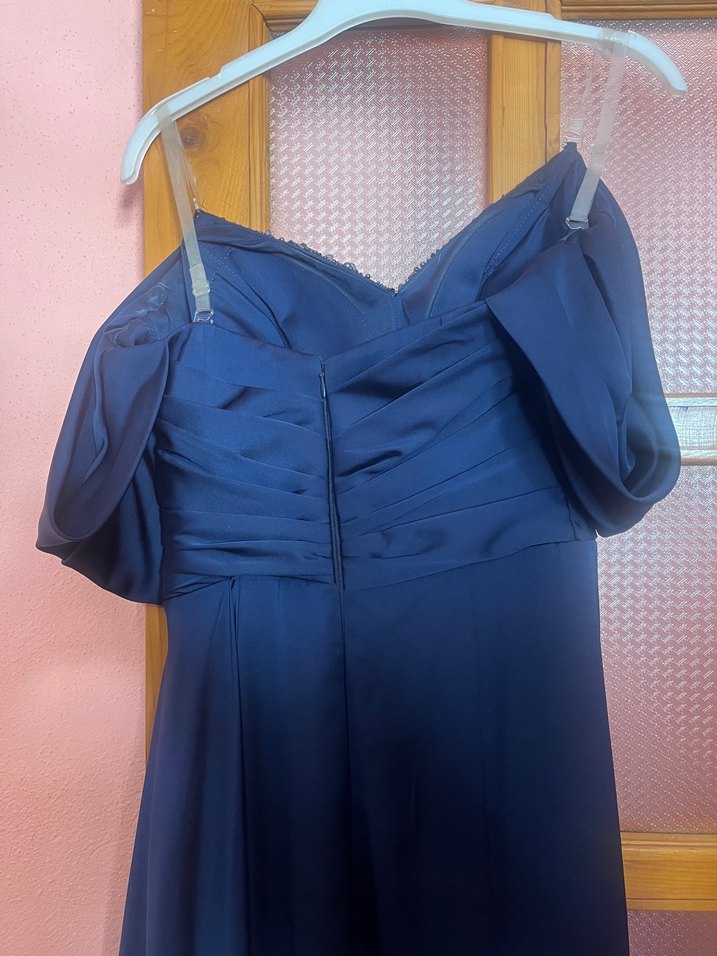 Lacivert Drapeli Uzun Askılı Kadın Elbise - Görsel 5