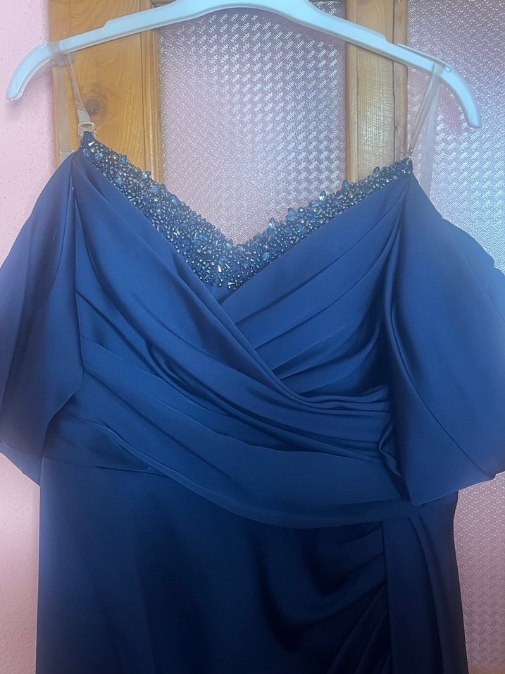 Lacivert Drapeli Uzun Askılı Kadın Elbise - Görsel 4