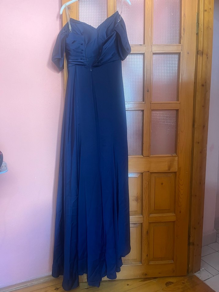 Lacivert Drapeli Uzun Askılı Kadın Elbise - Görsel 3