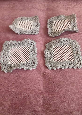 Gri El Örgüsü Tepsi Örtüsü ve Bardak Altlıkları - Görsel 2