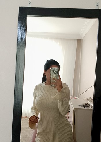 Beyaz Kadın Triko Elbise, Midi, Uzun Kollu