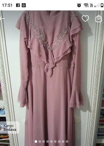 Uzun Kollu Pembe Nakışlı Uzun Elbise