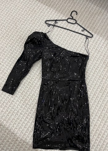xs Beden Pul Payetli Siyah Asimetrik Mini Elbise