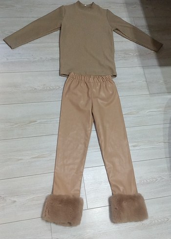 Kız Çocuk Bej Süet Takım Kürklü