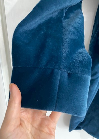 Düğmeli Mavi Süet Midi kadın Kabanı - Görsel 5