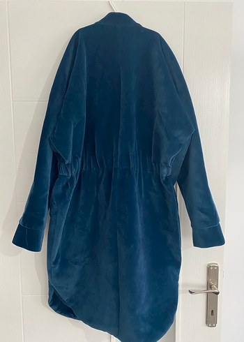 Düğmeli Mavi Süet Midi kadın Kabanı - Görsel 6