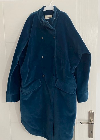 Düğmeli Mavi Süet Midi kadın Kabanı - Görsel 4