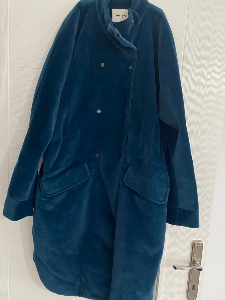 Düğmeli Mavi Süet Midi kadın Kabanı - Görsel 2