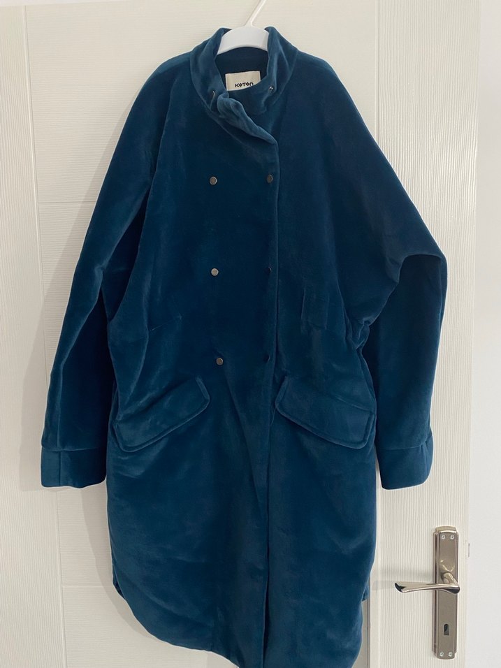 Düğmeli Mavi Süet Midi kadın Kabanı - Görsel 4