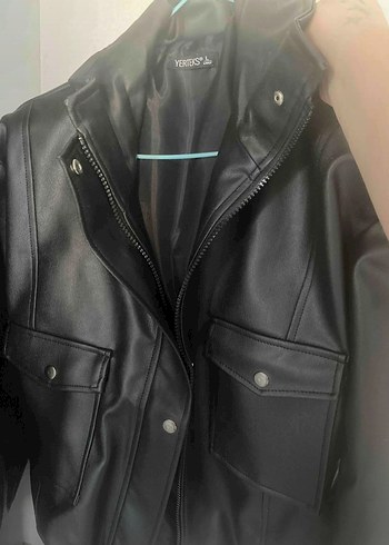 Oversize düğmeli Siyah Deri Kadın Ceket - Görsel 2