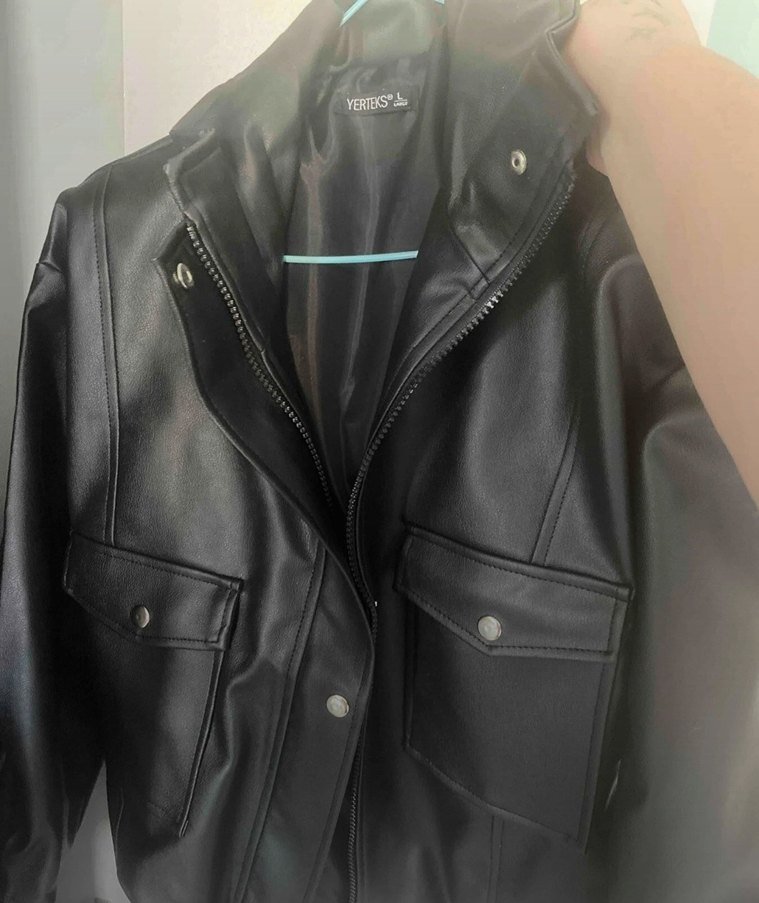 Oversize düğmeli Siyah Deri Kadın Ceket - Görsel 2