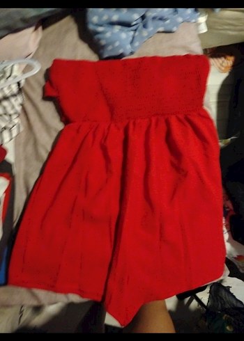 Kırmızı Straplez Keten Mini Tulum - Görsel 2