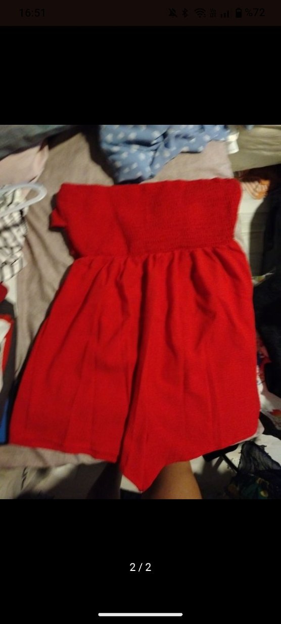 Kırmızı Straplez Keten Mini Tulum - Görsel 2