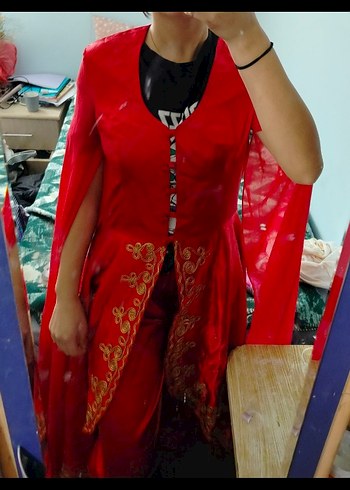 Uzun Kırmızı Nakışlı Bohem Kadın kına elbisesi - Görsel 2