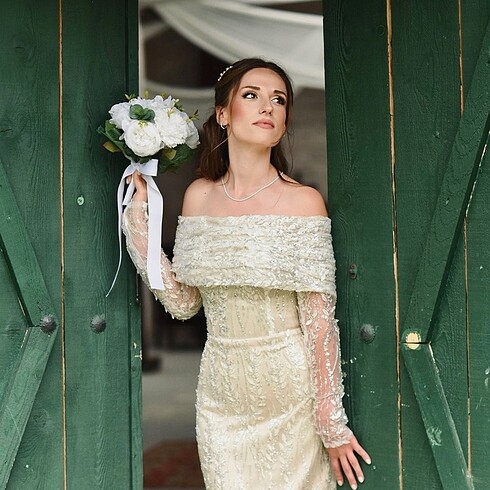 Taşlı bej rengi kalem nişanlık gelinlik nikah elbisesi abiye